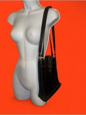 SOLD Y2K Glam Fossil Black Leather Contrast Stitch Thin Strap Shoulder Bag